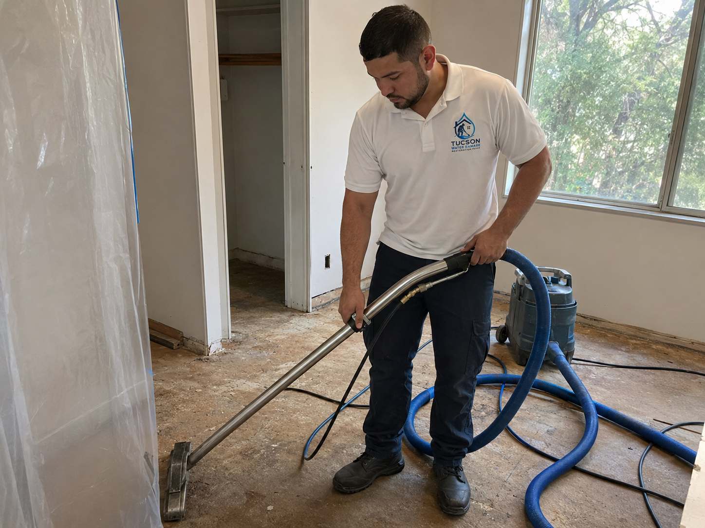 Tucson Water Damage Restoration Proline technician extracting water from a flooded home